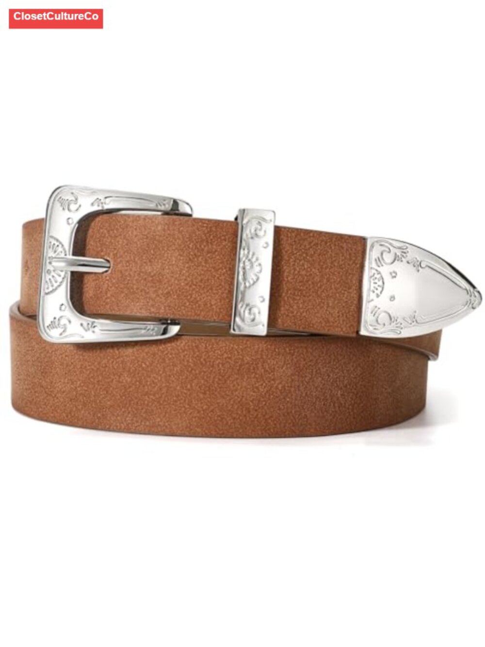 Faux Suede Western Belt with Silver Floral Engraved Buckle Adjustable